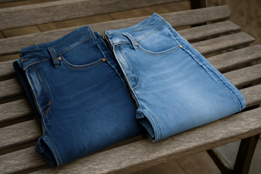 deux paires de jeans posées sur un banc
