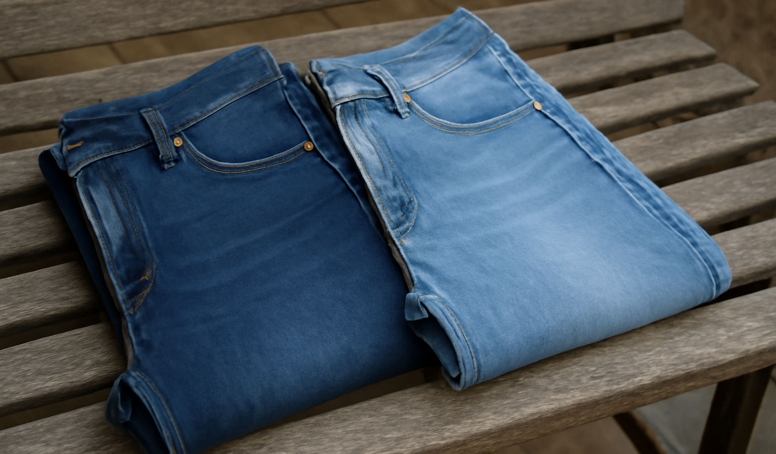 deux paires de jeans posées sur un banc