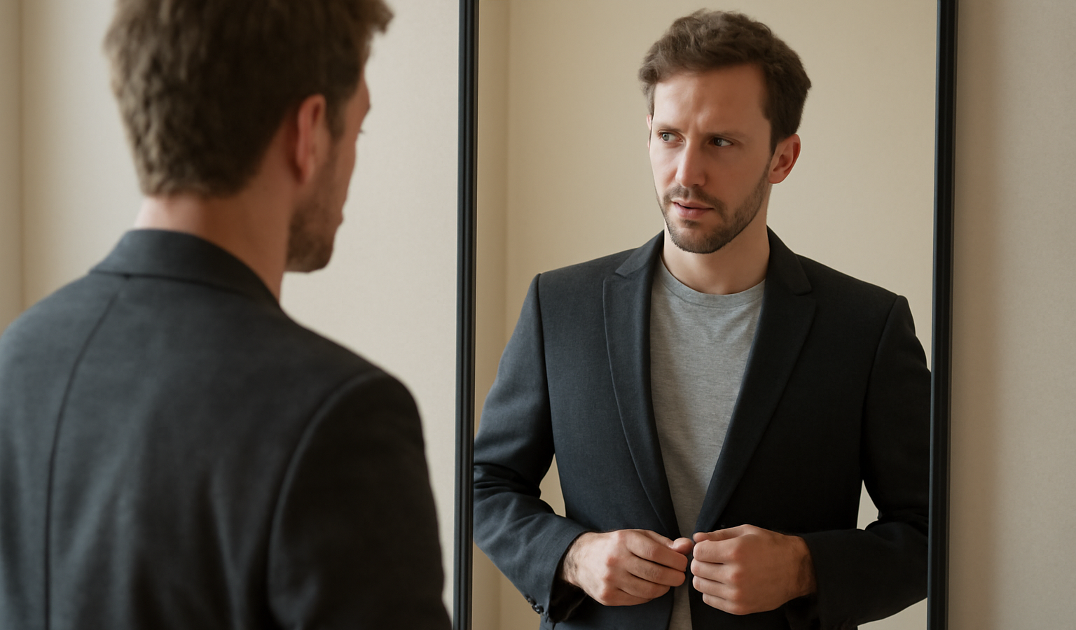 homme essayant un blazer droit devant miroir