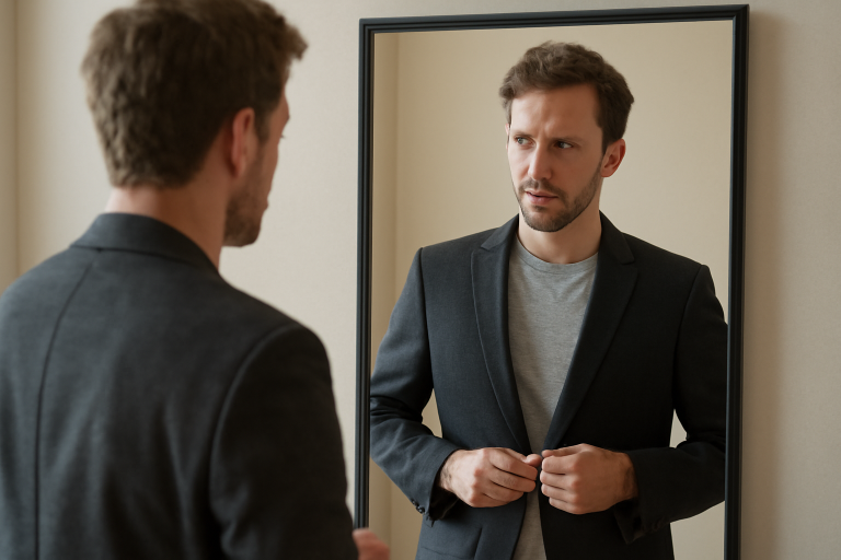 homme essayant un blazer droit devant miroir