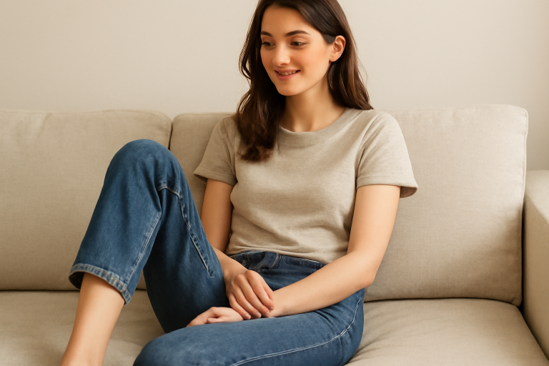 femme portant jean tapered assise confortablement