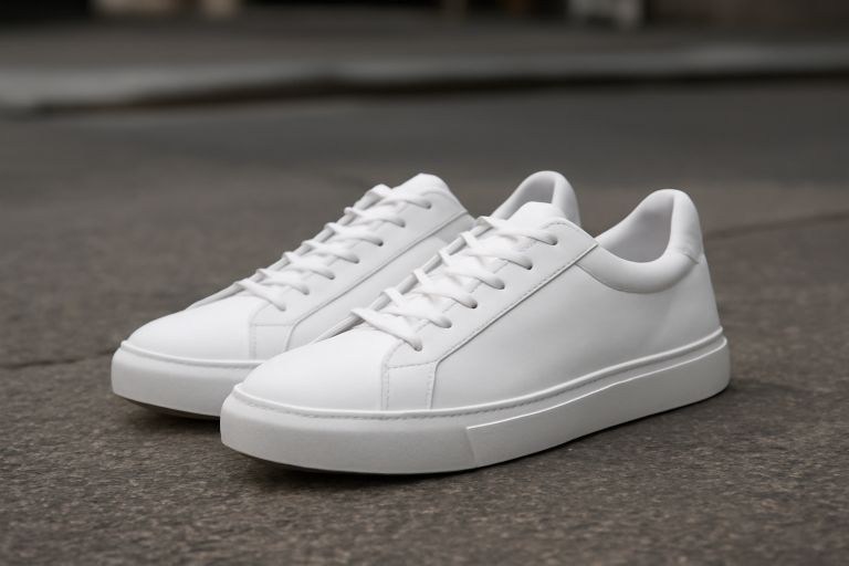 paire de baskets blanches posée sur sol urbain