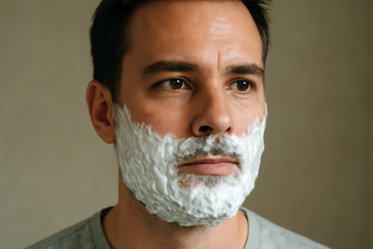visage d'homme avec mousse à raser