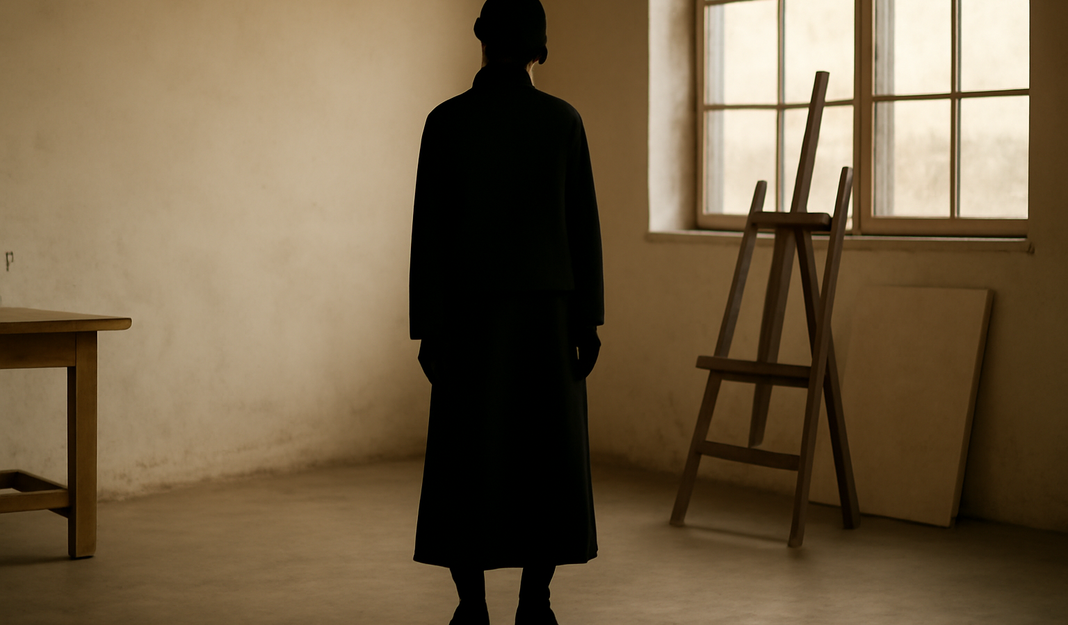 silhouette habillée en noir minimaliste en atelier