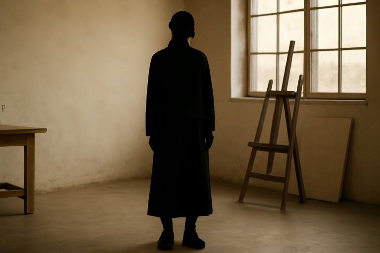 silhouette habillée en noir minimaliste en atelier