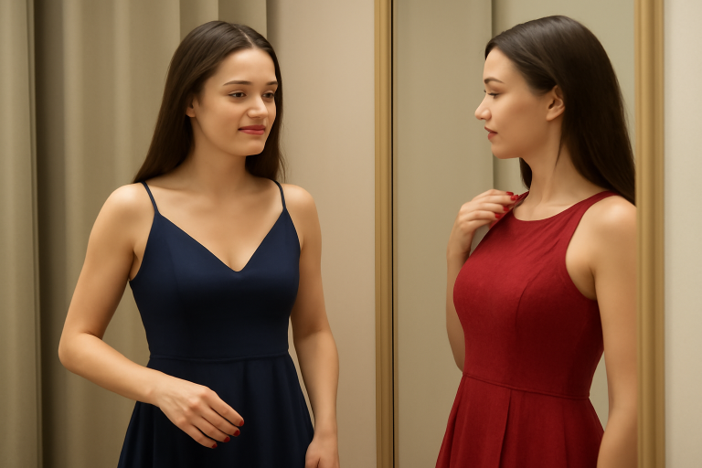 femme essayant deux robes devant un miroir