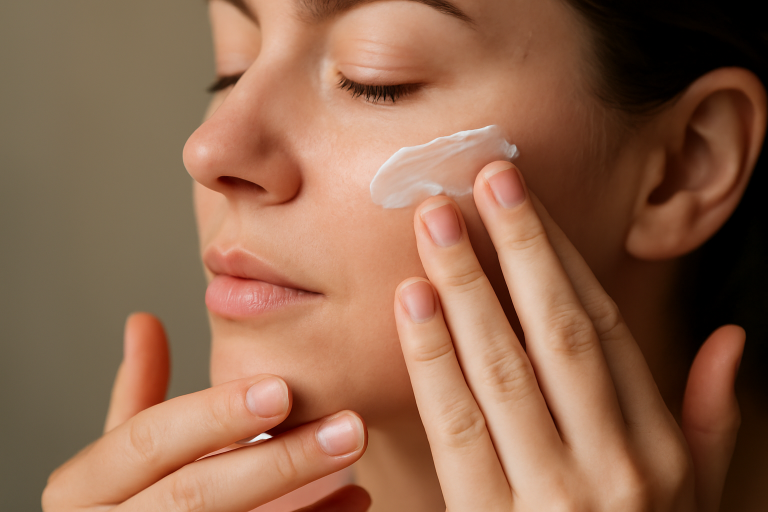 mains appliquant une crème sur le visage