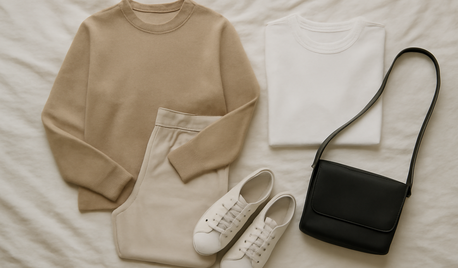 looks minimalistes posés sur un lit clair