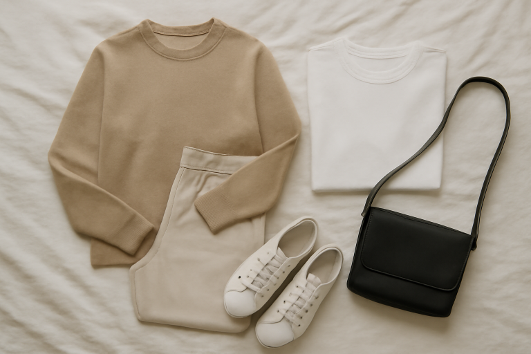 looks minimalistes posés sur un lit clair