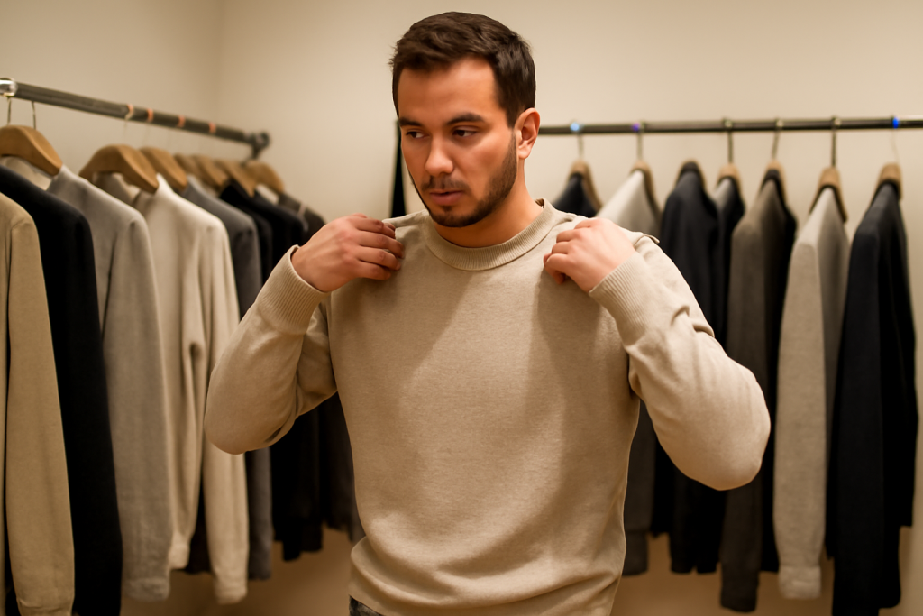client essayant un pull basique en boutique