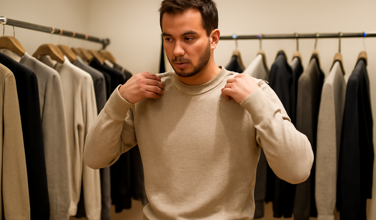client essayant un pull basique en boutique