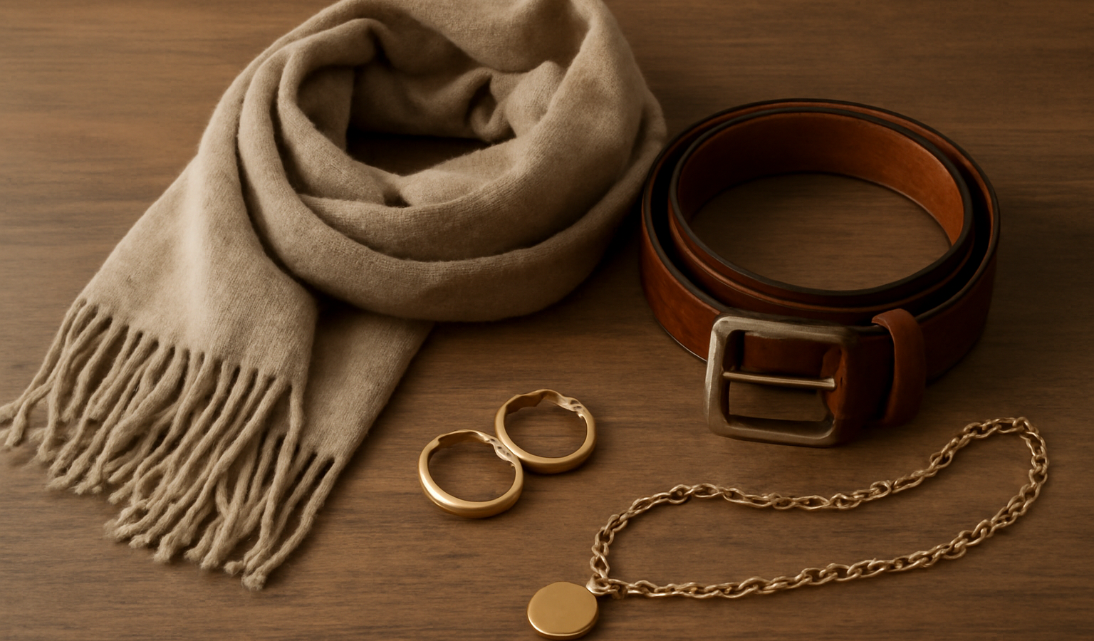 écharpe ceinture et bijoux posés sur table