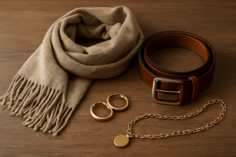 écharpe ceinture et bijoux posés sur table