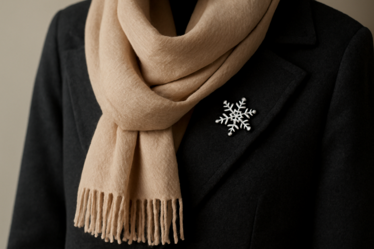 écharpe et broche posées sur un manteau uni