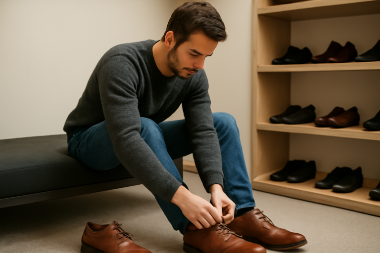 homme essayant des chaussures assis