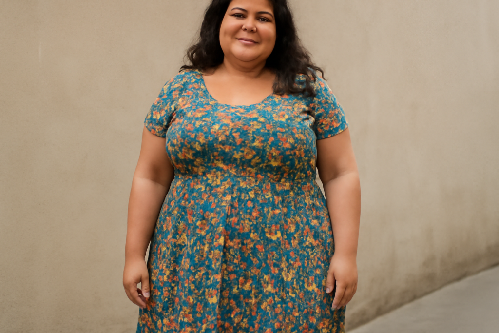 femme ronde portant une robe imprimee