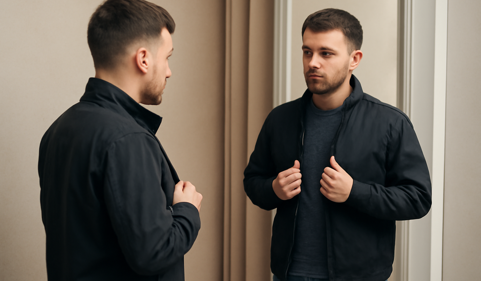 homme petit essayant blouson devant miroir