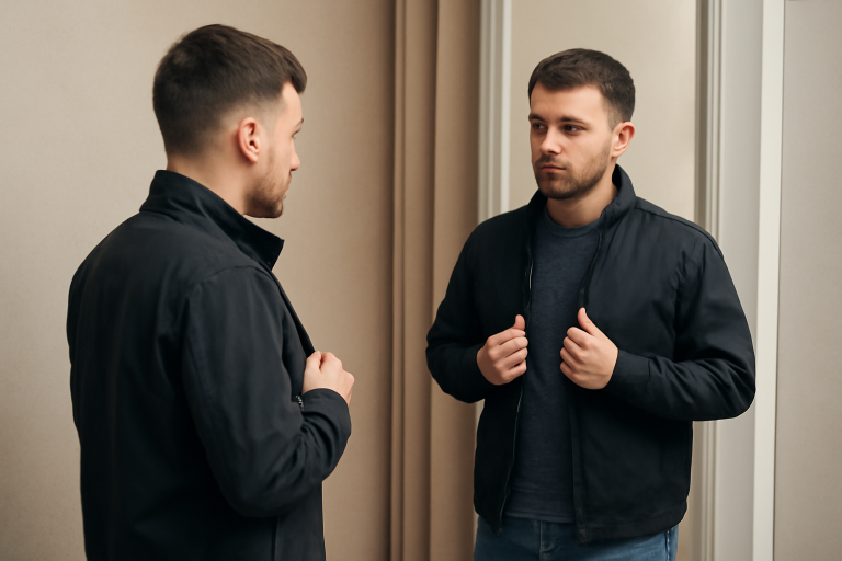 homme petit essayant blouson devant miroir