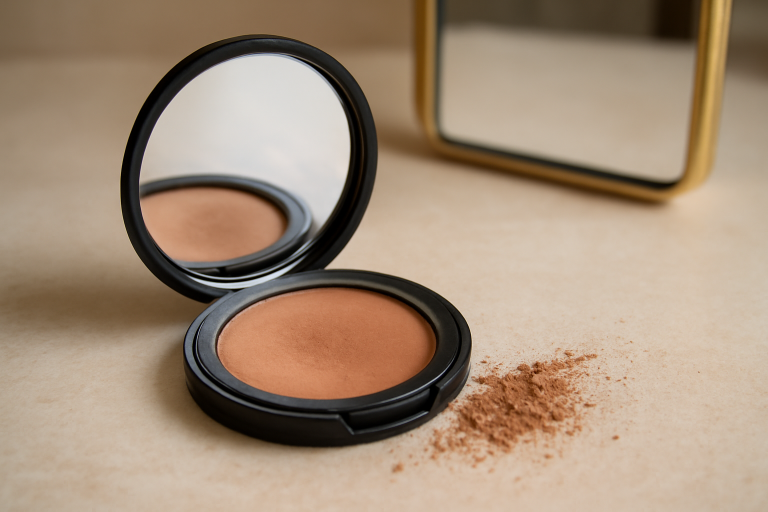 poudre bronzante pres d'un miroir maquillage