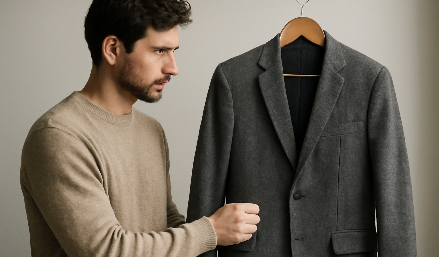 homme regardant une veste sur cintre
