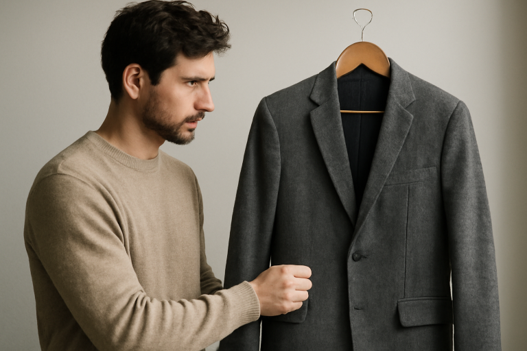 homme regardant une veste sur cintre