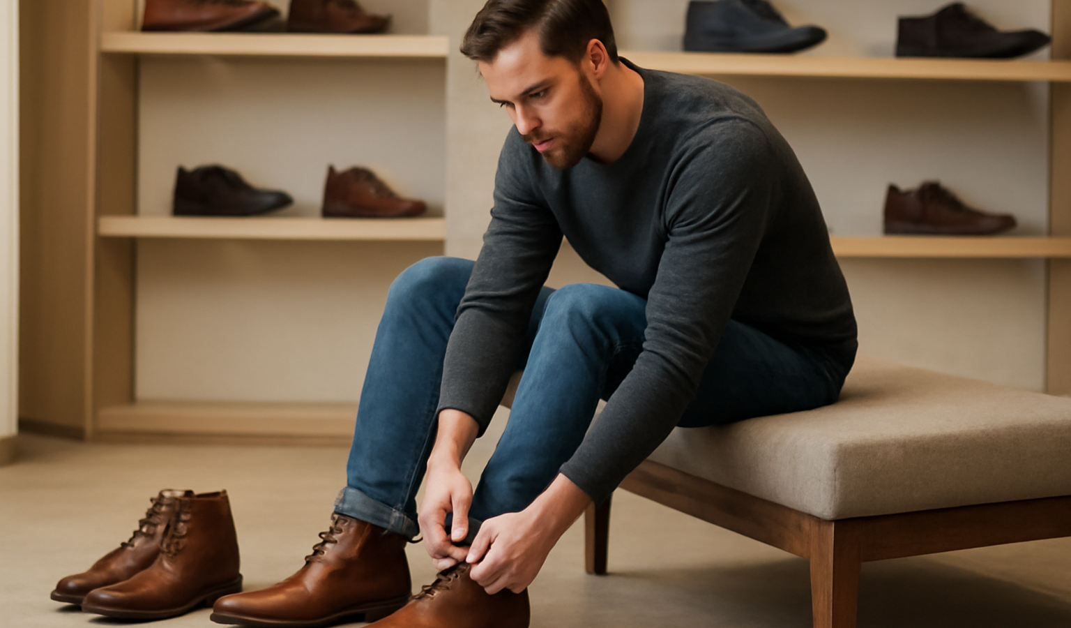 homme essayant bottines devant siege