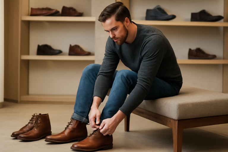 homme essayant bottines devant siege