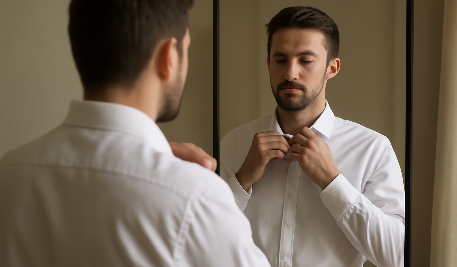 homme essayant chemise devant miroir