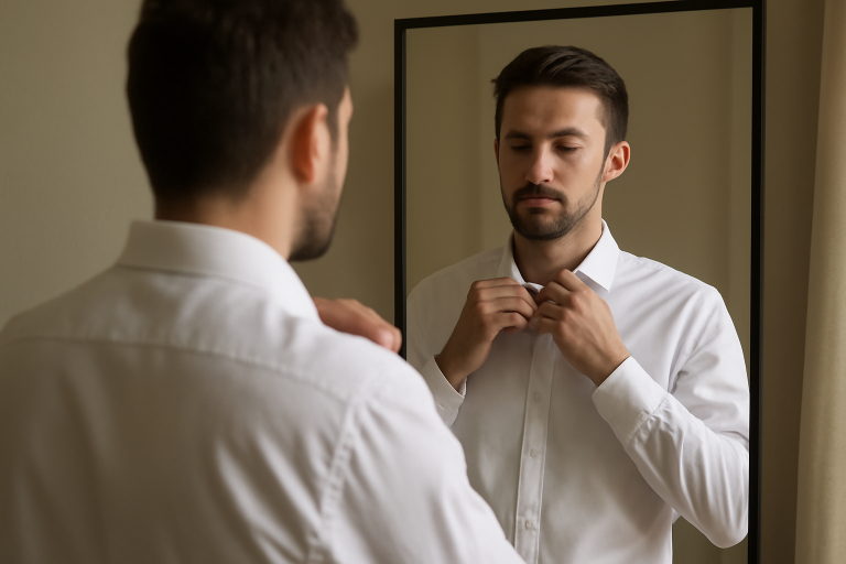 homme essayant chemise devant miroir