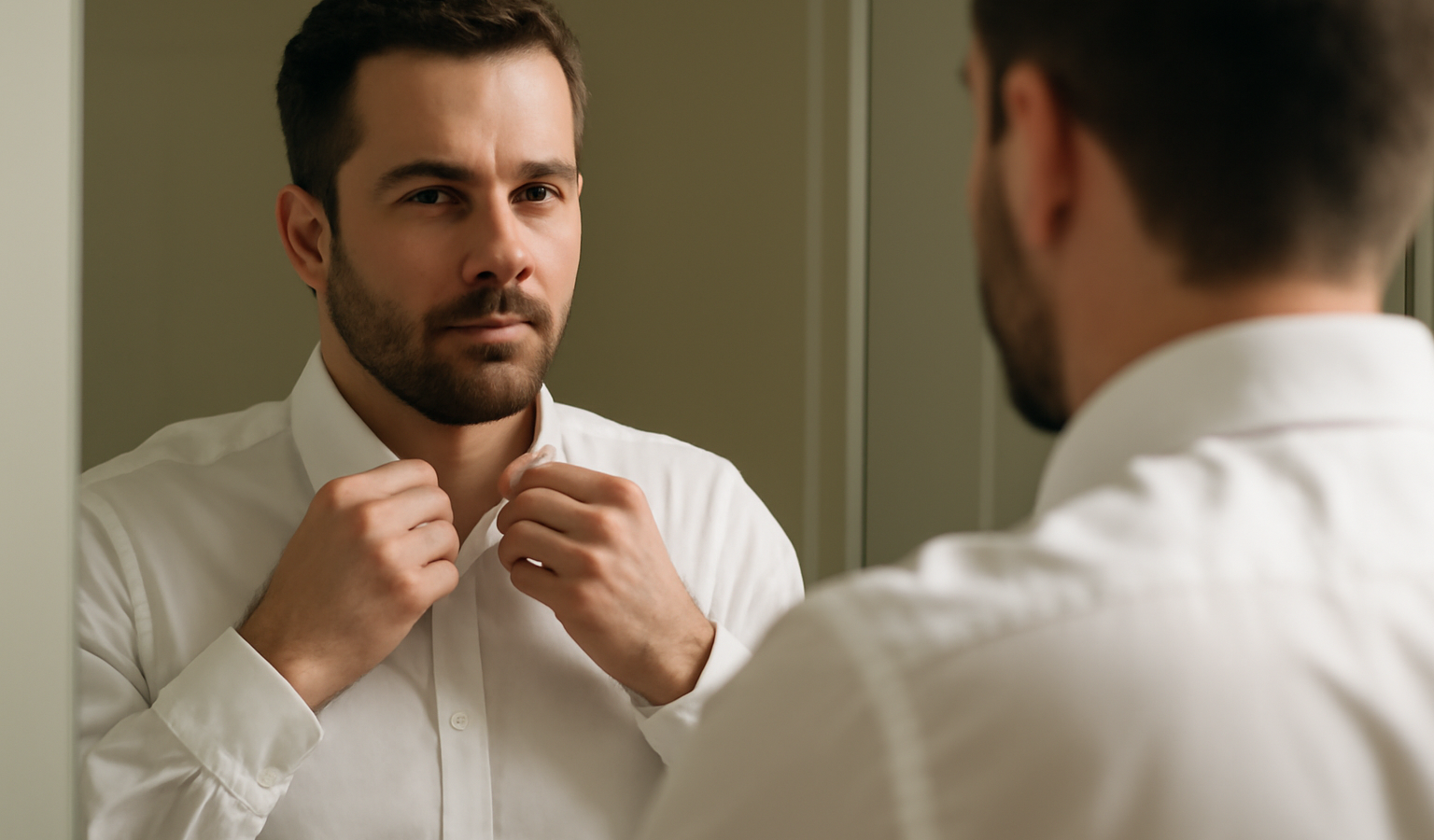 homme ajustant une chemise devant miroir