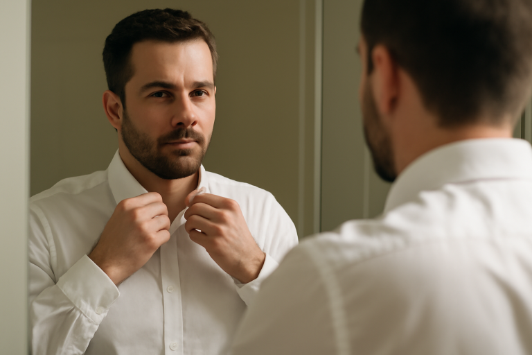 homme ajustant une chemise devant miroir
