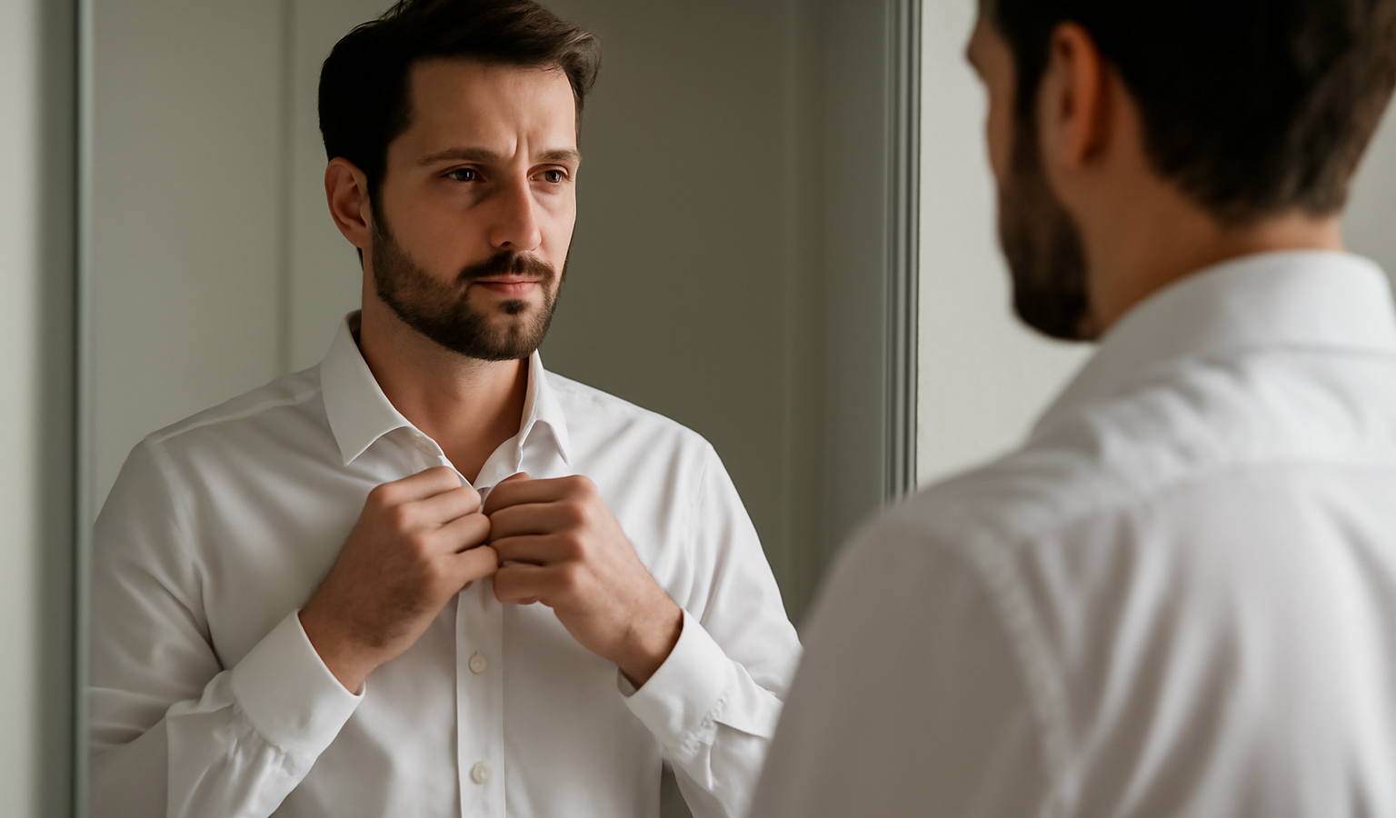 homme devant miroir ajustant chemise