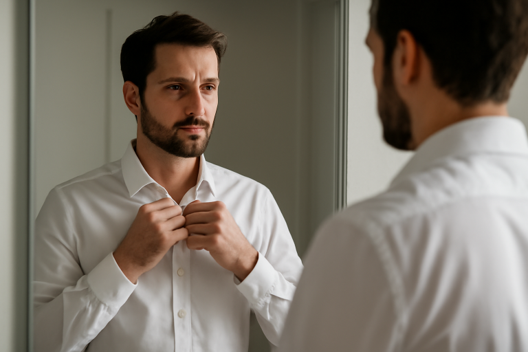 homme devant miroir ajustant chemise