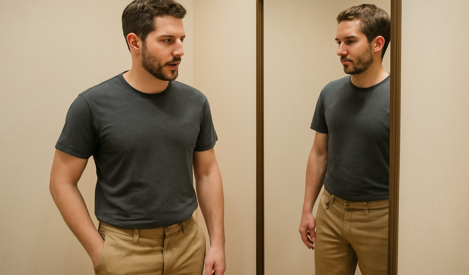 homme essayant un chino devant un miroir