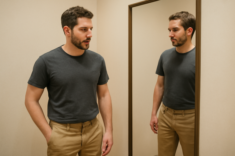 homme essayant un chino devant un miroir