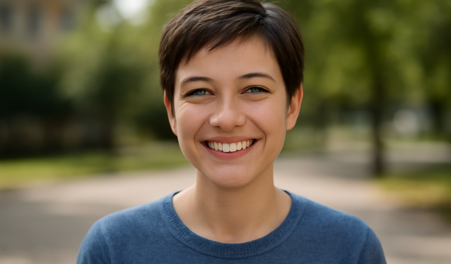 femme aux cheveux courts souriant en exterieur