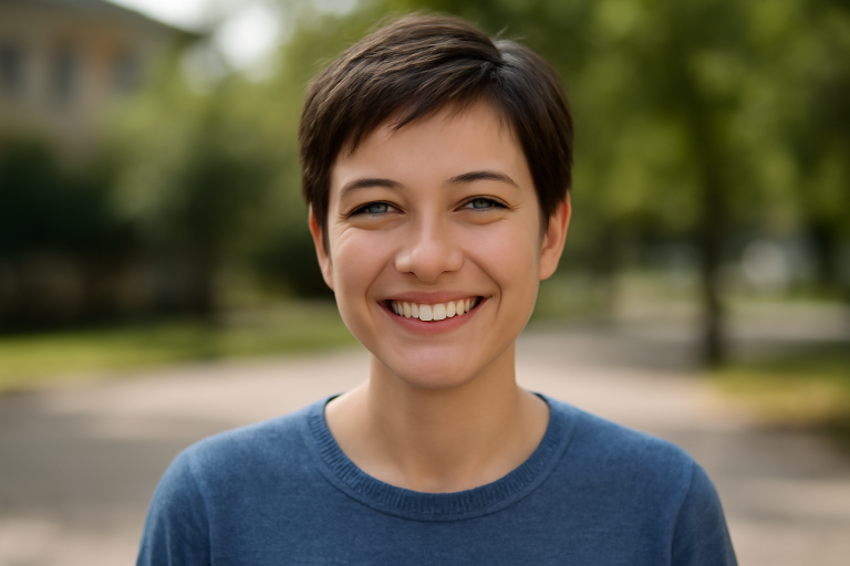 femme aux cheveux courts souriant en exterieur