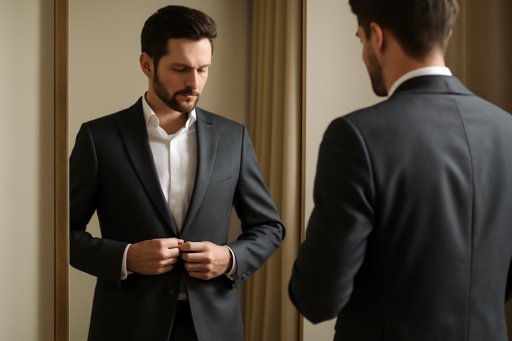 homme essayant un costume devant miroir