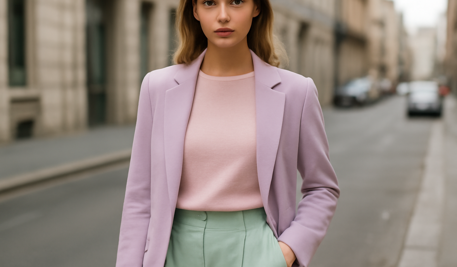 mannequin portant tenue pastel en ville