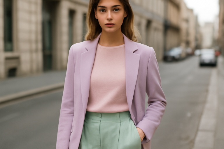 mannequin portant tenue pastel en ville