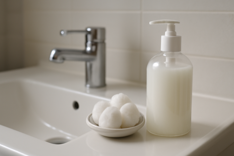 coton et flacon de produit sur lavabo