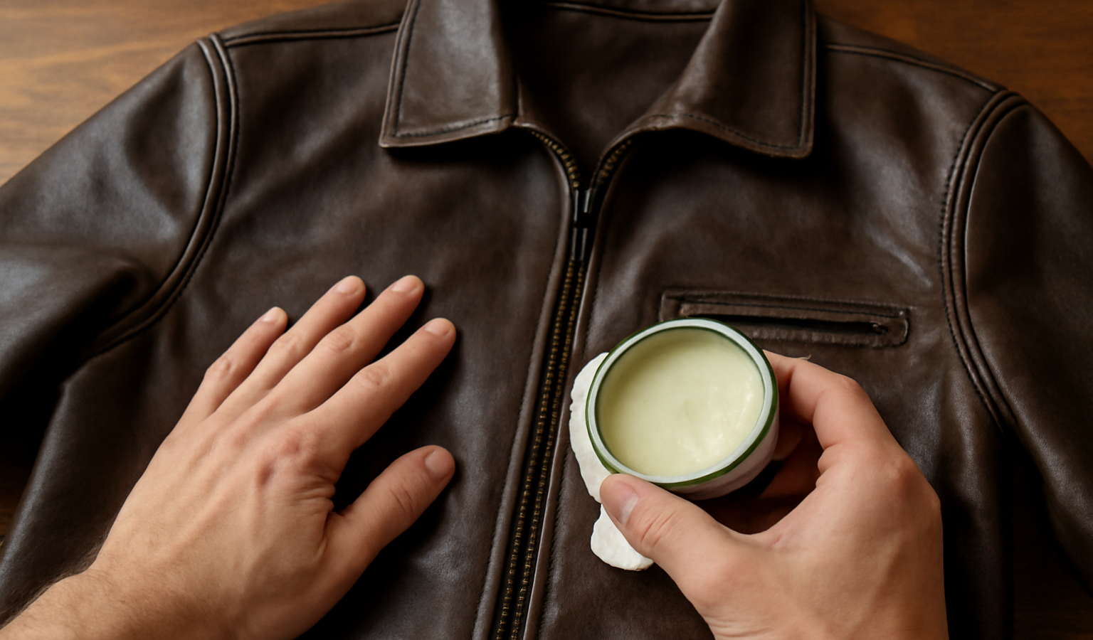 mains appliquant cire d'entretien sur veste