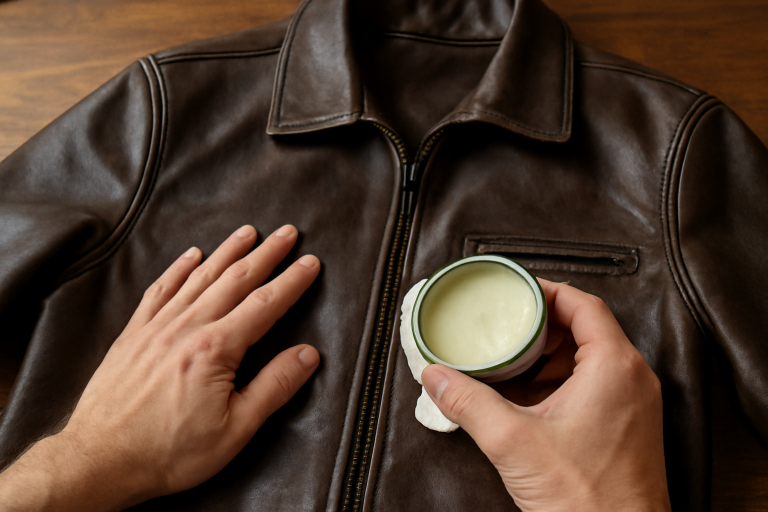 mains appliquant cire d'entretien sur veste