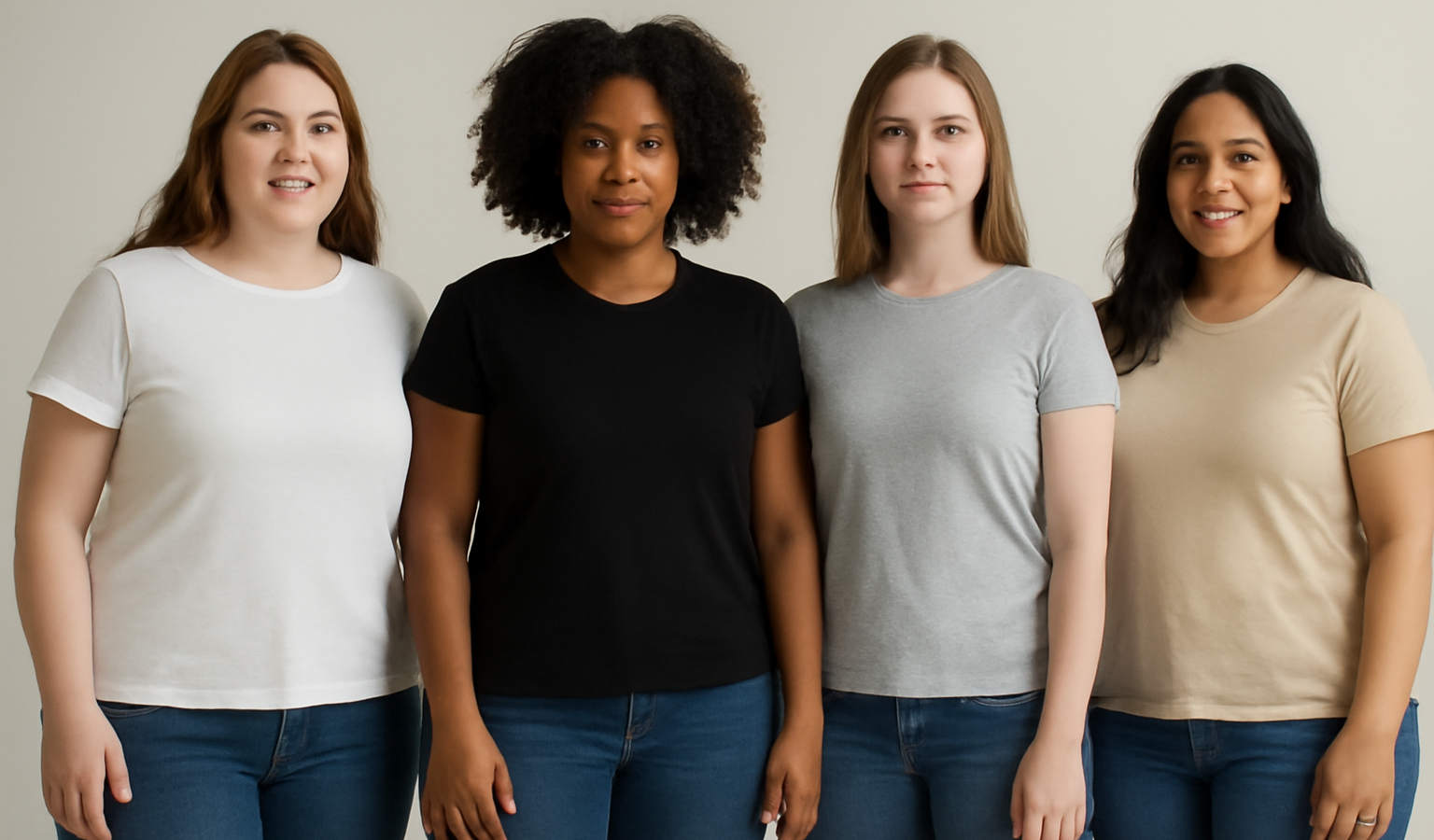 femmes de tailles diverses portant t-shirts basiques