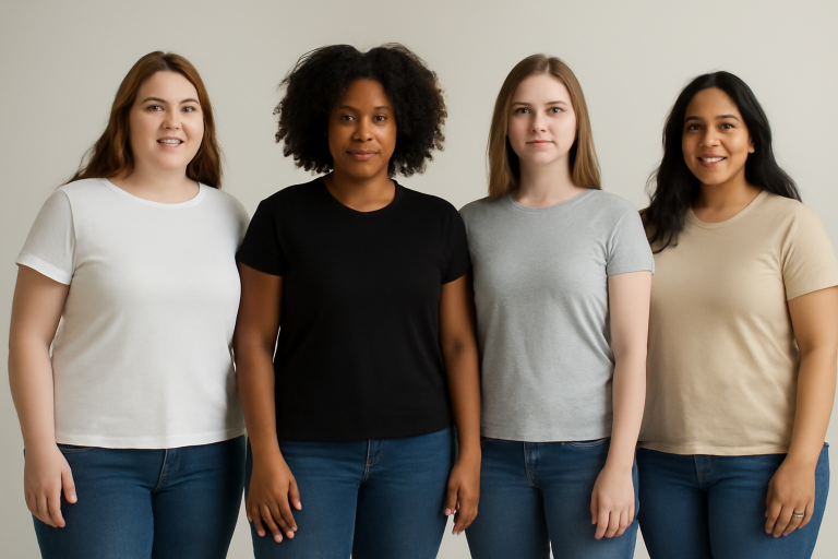 femmes de tailles diverses portant t-shirts basiques