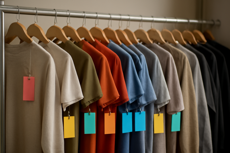rayon vetements avec etiquettes multicolores