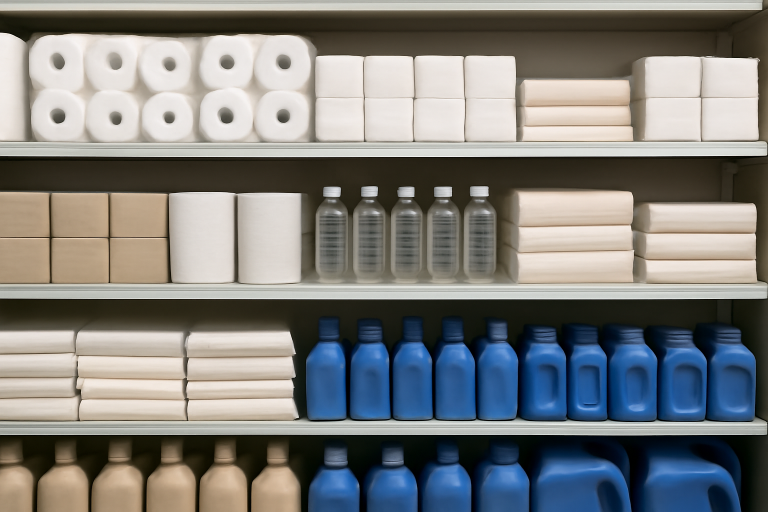 rayon magasin avec basiques alignés