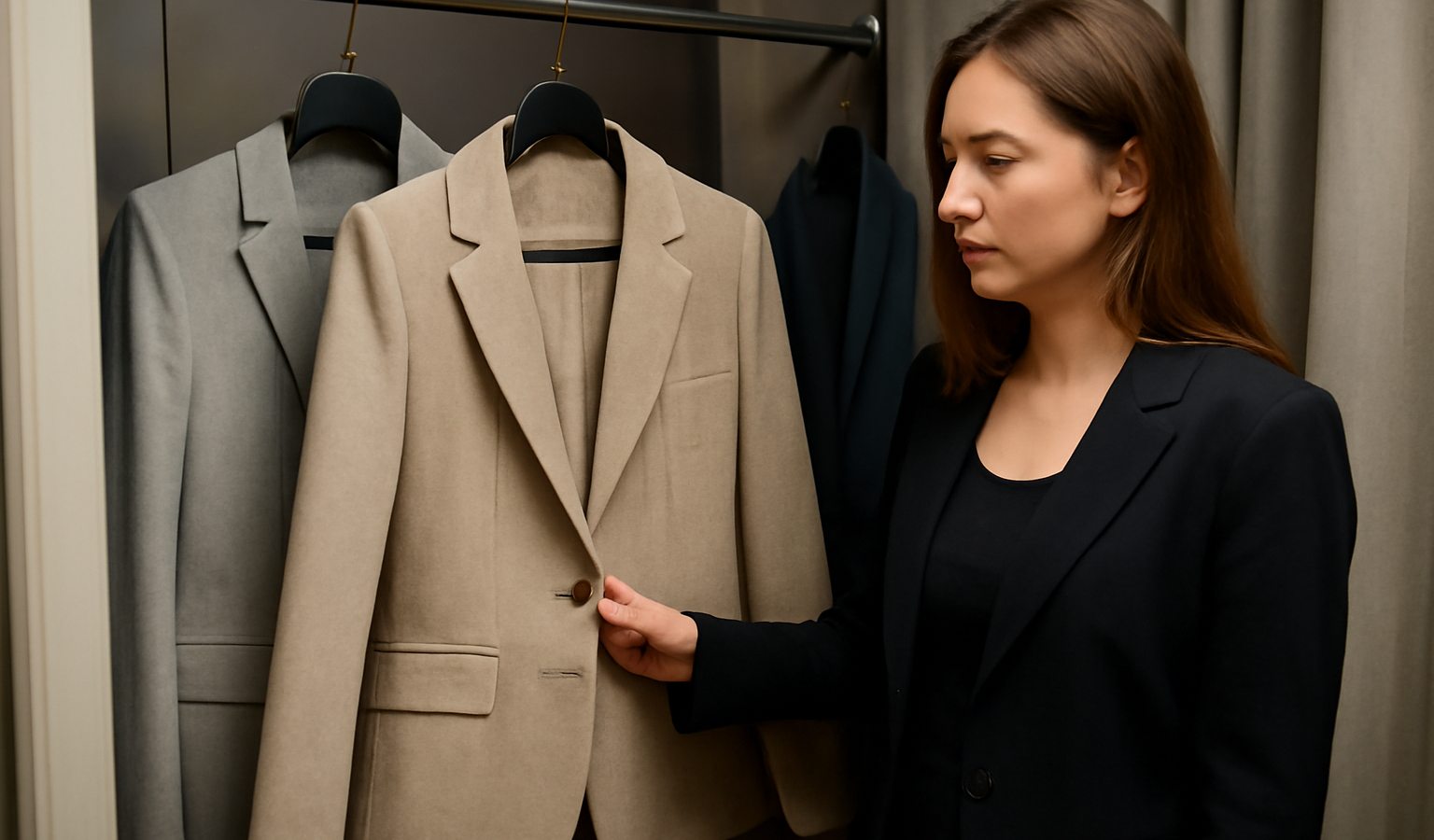 personne choisissant veste chic en cabine