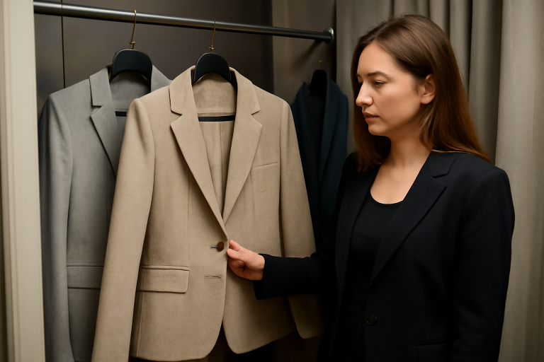personne choisissant veste chic en cabine