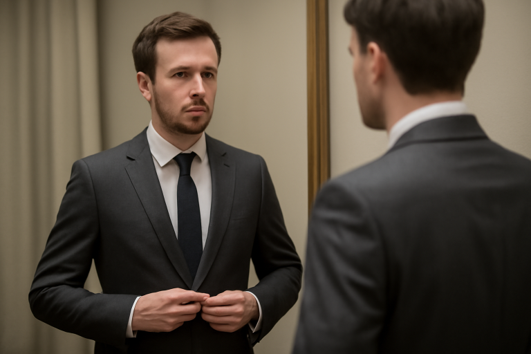 homme essayant un costume devant miroir